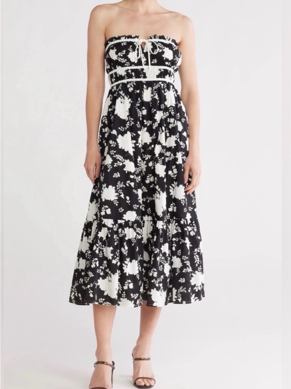 Lush Black and White Strapless Floral Midi Dress